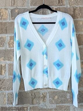 White Cardigan Sweater with Blue Diamond Pattern